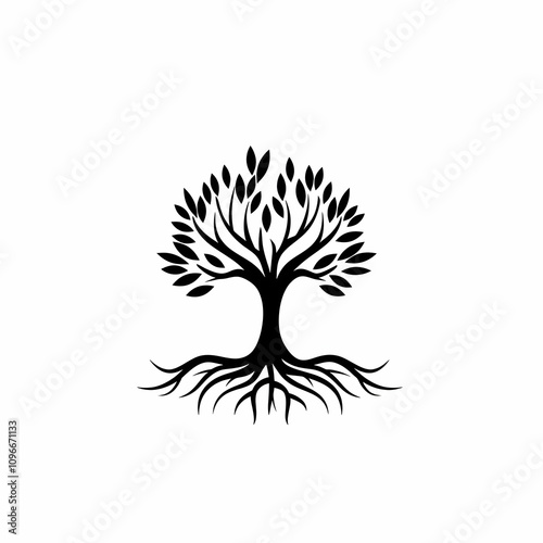 Black vector logo of a tree with roots, in a simple minimalistic style, on a white background with no shadows. 