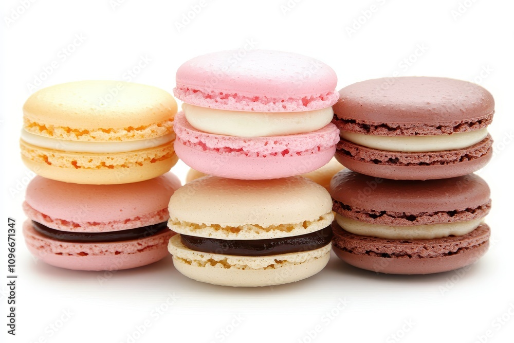 Elegant Stack of Colorful Macarons on White Background Elegant Stack of Colorful Macarons on White Background