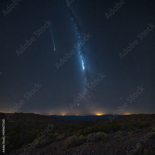 A glowing comet streaking across a starry night sky. photo