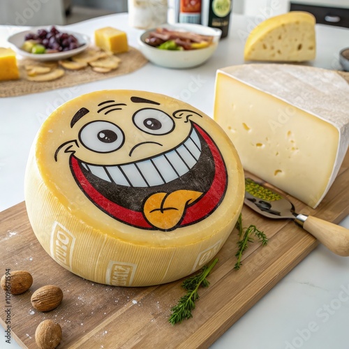 Cheese Wheel With Happy Face Cartoon Design on Wooden Board in Kitchen Setting. Generative AI photo