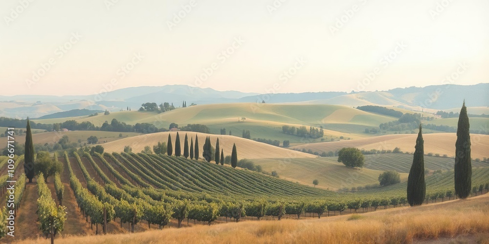 Fototapeta premium An oil painting of a serene Tuscany landscape with rolling hills, vineyards, and cypress trees in soft, pastel colors, pastel colors, painting