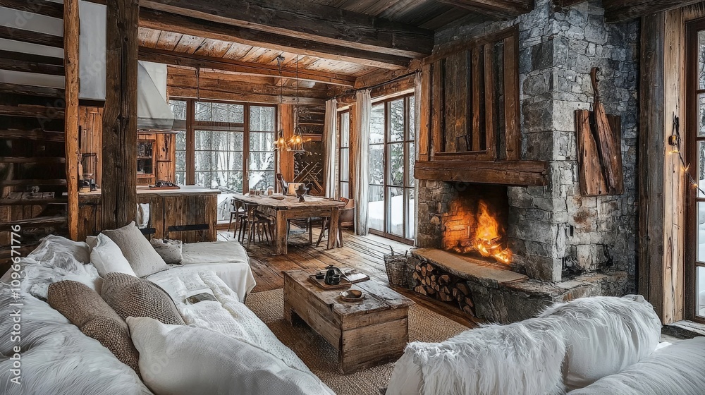 Cozy rustic interior with warm wood tones and natural materials Cozy rustic interior with warm wood tones and natural materials
