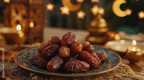 Dates on ornate plate, Ramadan setting. photo