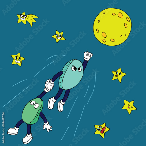 blue coin flies across the night sky towards the full moon raising his fist with a serious and angry face and holding the hand of a green scared and surprised coin, coins fly among the stars with face