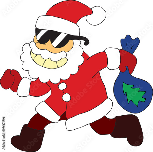 Cool grandfather Santa Claus in black sunglasses runs and smiles from ear to ear and holds a small bag with gifts in his hands