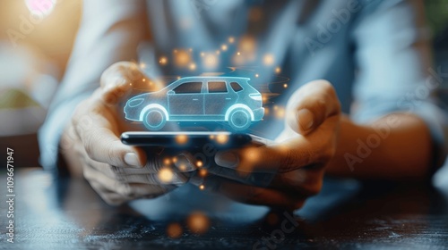 Man Using Smartphone for Online Car Services, Buy, Rent, Call a Cab, or Purchase Auto Insurance. Modern Technology in Transportation and Vehicle Management