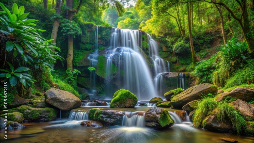Fototapeta premium Serene Waterfall Cascades Through Lush Greenery, Cascading Over Smooth Rocks