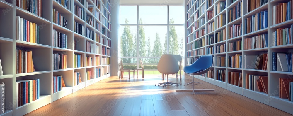A bright library space with bookshelves, seating, and large windows for reading and study. A bright library space with bookshelves, seating, and large windows for reading and study.