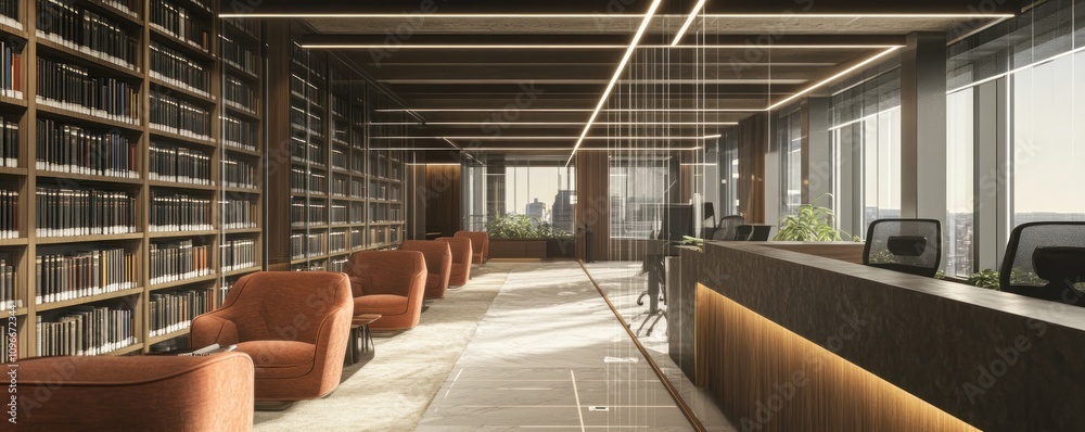 Fototapeta premium Modern office space with a library, seating, and reception area, promoting productivity.