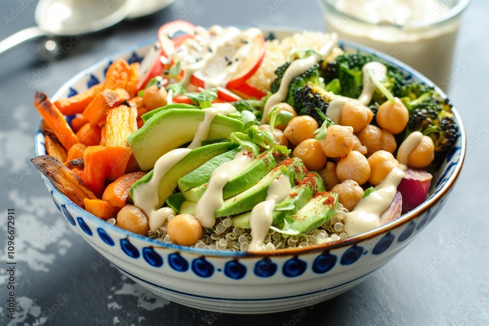 A colorful Buddha bowl filled with quinoa, avocado, chickpeas, roasted vegetables, and a drizzle of tahini dressing, representing a balanced meal. 32k, full ultra hd, high resolution - A colorful Buddha bowl filled with quinoa, avocado, chickpeas, roasted vegetables, and a drizzle of tahini dressing, representing a balanced meal. 32k, full ultra hd, high resolution -
