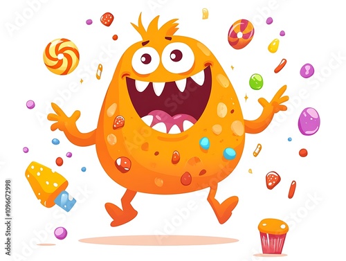 Cute Cartoon Orange Monster with Candy, Happy Expression, Lively Movements, and Colorful Elements in Flat Design