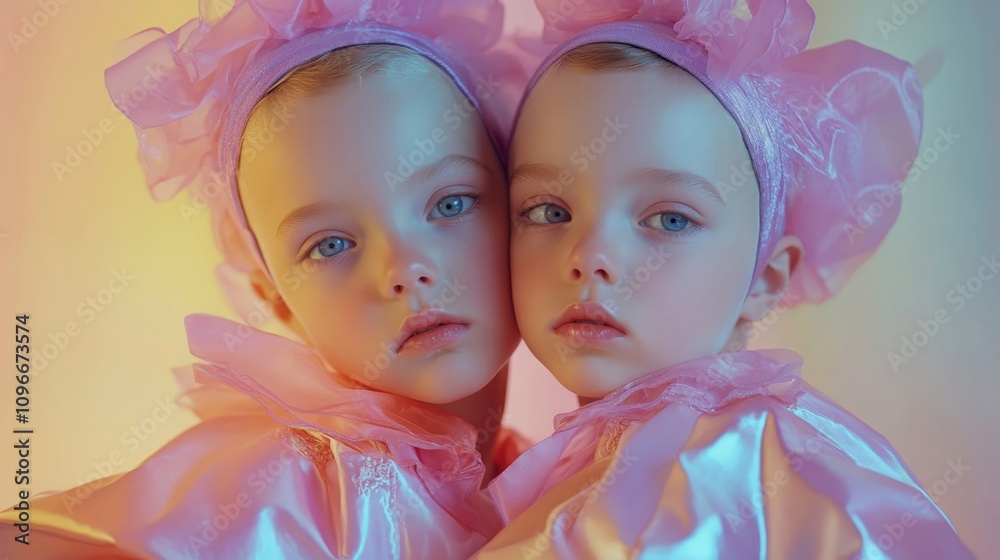 Fototapeta premium Modern Twin Kids in Avant-Garde Fashion - High-Fashion Editorial Shoot with Vibrant Lighting and Symmetric Poses