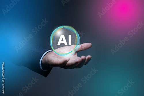 Hand holding AI orb, concept of generative ai in daily work.