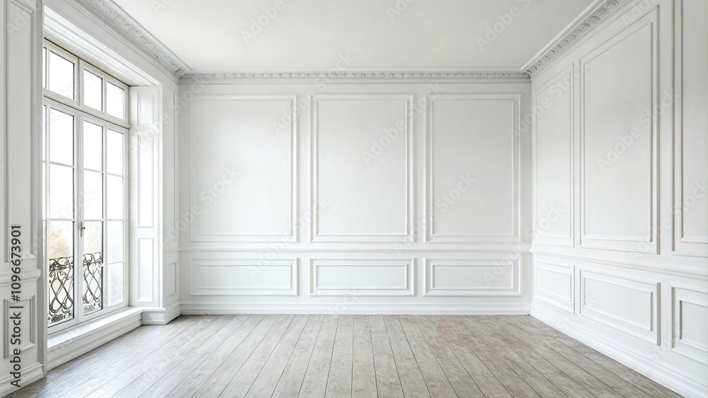 Fototapeta premium A serene white wall in a minimalist room serves as a calming background for various objects and textures, monochromatic decor, artistic arrangement, serenity, simplicity