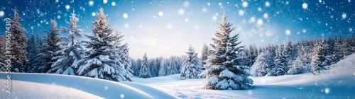 Beautiful landscape with snow covered fir trees and house with snowdrifts. Merry Christmas and happy New Year greeting background with copy-space. Winter fairytale.