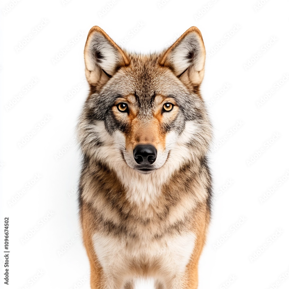 Majestic gray wolf portrait with piercing gaze on white background Majestic gray wolf portrait with piercing gaze on white background