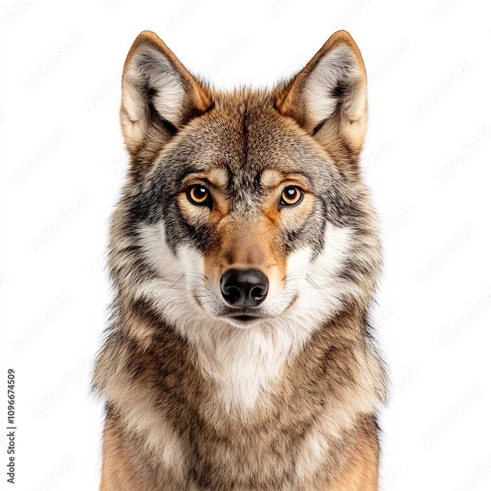 Fototapeta premium Majestic Wolf Portrait on White Background Captivating Wilderness Predator Close up