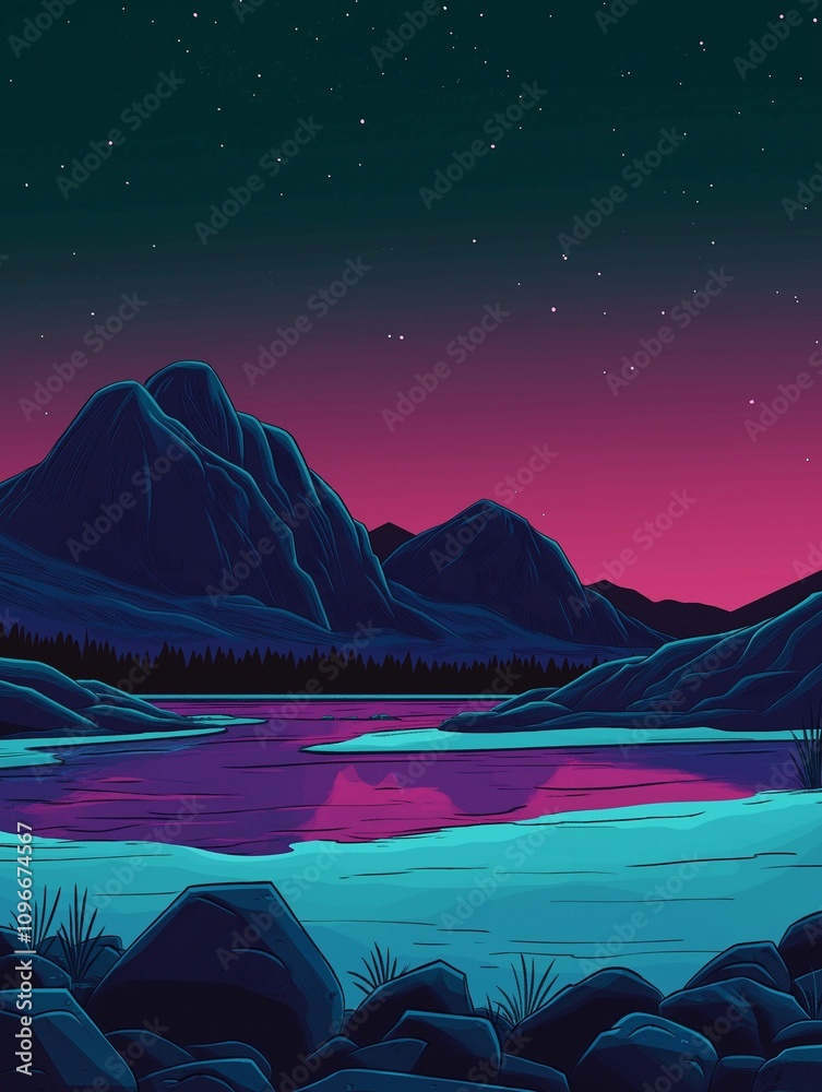 Calm lake reflecting mountains under vibrant starry sky. Calm lake reflecting mountains under vibrant starry sky.