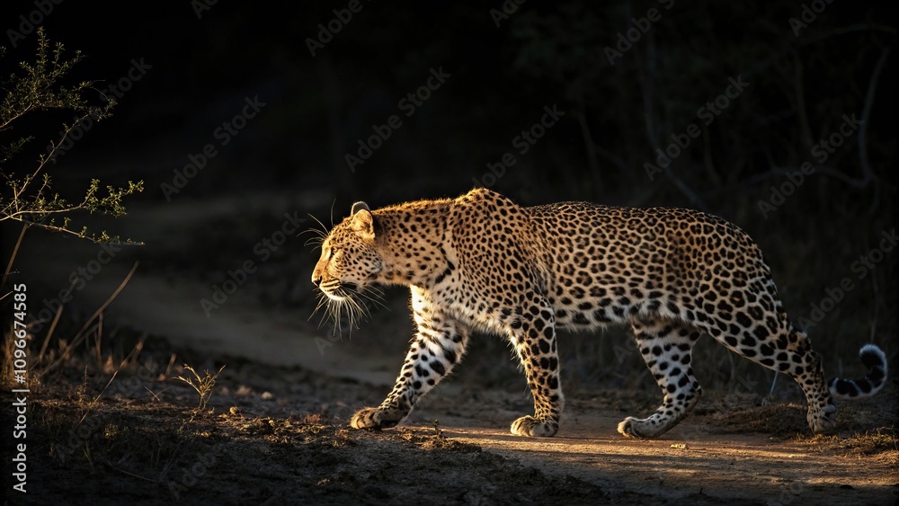 Obraz premium A sleek leopard walks out of the darkness, its coat glistening in the morning sun as it begins its hunt, leopard, feline, wild cat