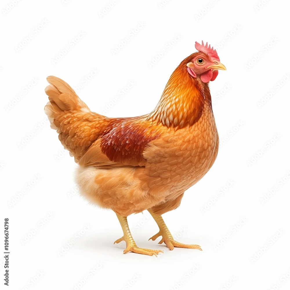 Fototapeta premium Full Body Shot of a Red Adult Hen with Detailed Feathers on a Clear White Background