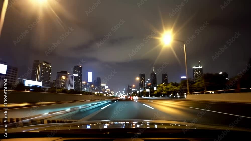driver's car view time lapse through the city at night 