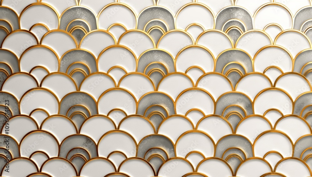 Seamless retro art deco pattern with golden arch lines on white background in fan shape, geometric vintage wallpaper vector illustration Seamless retro art deco pattern with golden arch lines on white background in fan shape, geometric vintage wallpaper vector illustration