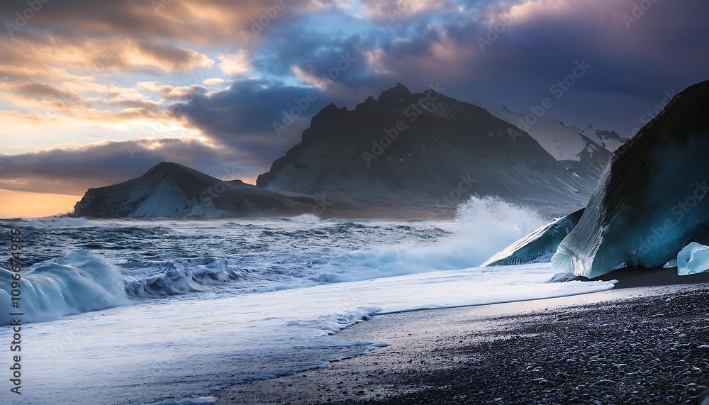 Diamond Beach with stunning ocean views, majestic mountains, and a dramatic, colorful sky. Diamond Beach with stunning ocean views, majestic mountains, and a dramatic, colorful sky.