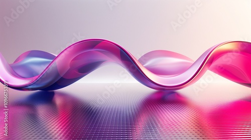 A dynamic 3D abstract gradient piece with interlocking loops and curves, showcasing a transition from deep indigos to bright pinks, hovering above a polished metallic surface. 32k, photo