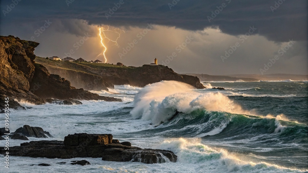 Obraz premium A stormy sea with powerful waves crashing against the rocky coastline and a golden lightning bolt illuminating the darkening sky, rocky coastline, turbulent ocean, weather conditions, stormy sea