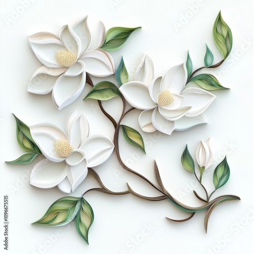 3D paper-cut of white magnolia flowers