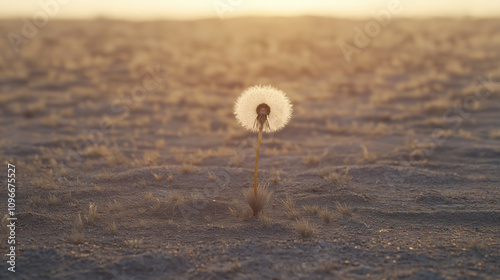 A lone dandelion stands resilient in a desert landscape during golden hour, embodying themes of endurance and beauty amidst harsh environments. photo