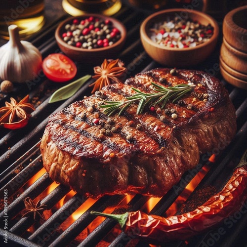 temping delicious beef steak meat on grill with brown color ready to eat