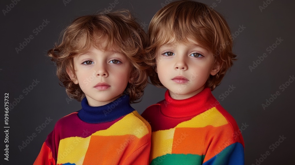 Dynamic Duo: Stylized Twin Kids in Vibrant Contrasting Outfits Strike Refined Poses under Editorial Magazine Lighting Dynamic Duo: Stylized Twin Kids in Vibrant Contrasting Outfits Strike Refined Poses under Editorial Magazine Lighting