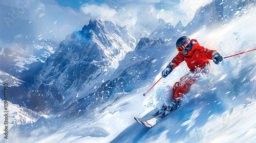 Skier descending a snowy slope in the Alps