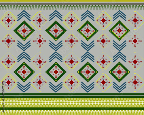 A geometric ethnic pattern features symmetrical designs with repeating shapes in vibrant colors, blending traditional and modern aesthetics.