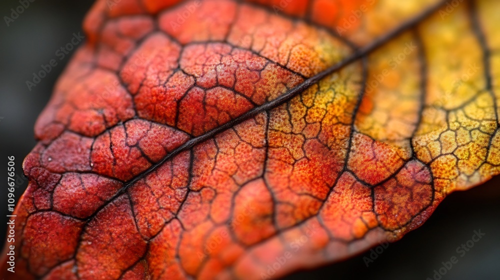 Fototapeta premium Vibrant Autumn Leaf Texture in Close Up Natural Detail Macro shot emphasizing the intricate patterns rich colors and striking contrasts of a single fallen leaf during the fall season