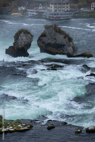 Rhine Falls with Laufen Castle in Neuhausen am Rheinfall. Canton Schaffhausen in Switzerland