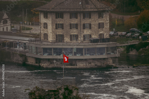 Rhine Falls with Laufen Castle in Neuhausen am Rheinfall. Canton Schaffhausen in Switzerland