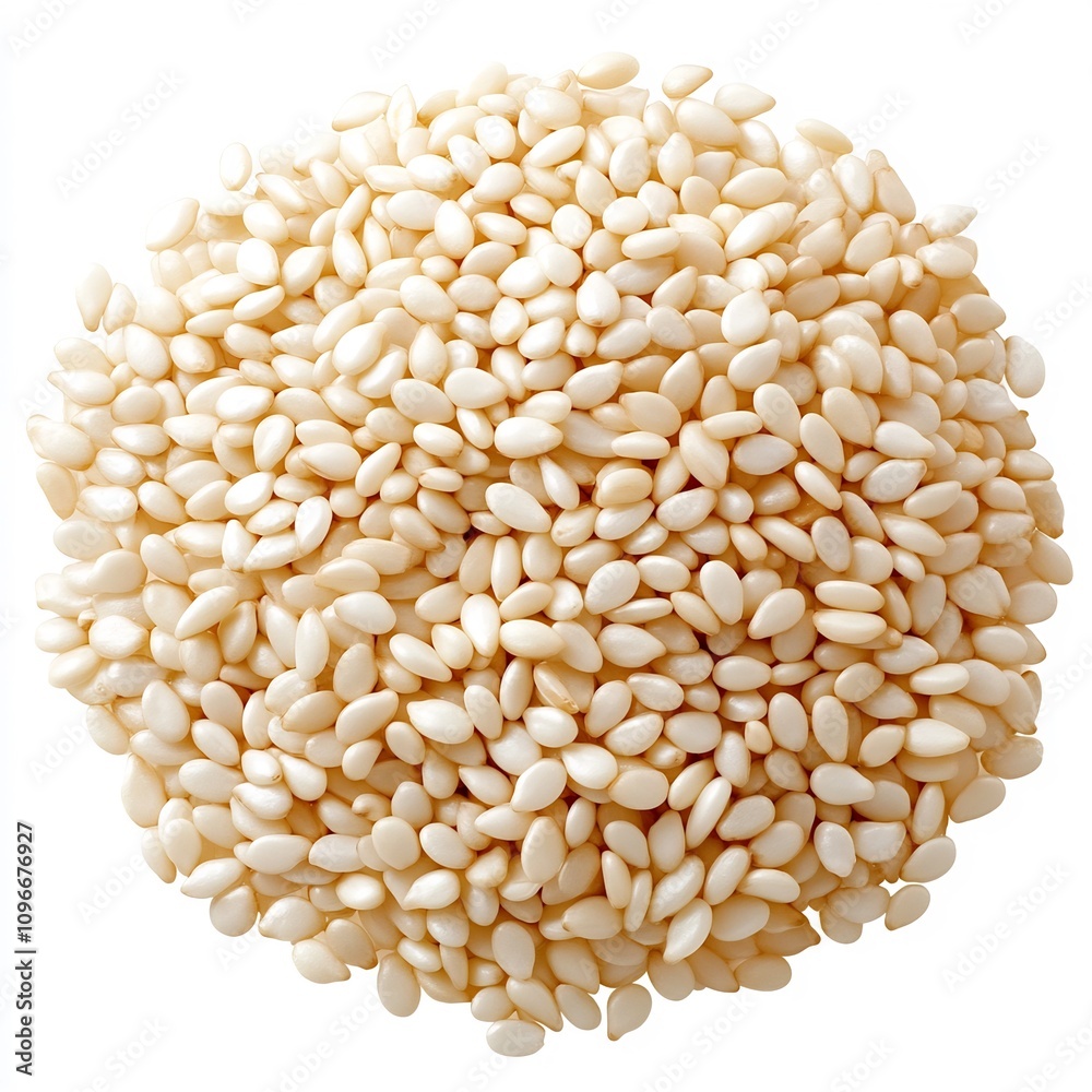 Macro Shot of a Pile of White Sesame Seeds on a White Background Macro Shot of a Pile of White Sesame Seeds on a White Background