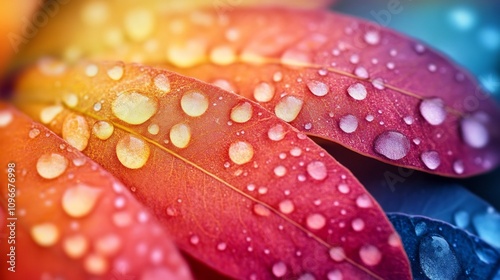 Breathtaking macro level photograph showcasing the stunning vibrant hues and intricate details of dew drops glistening on the surface of lush verdant foliage in a serene natural setting