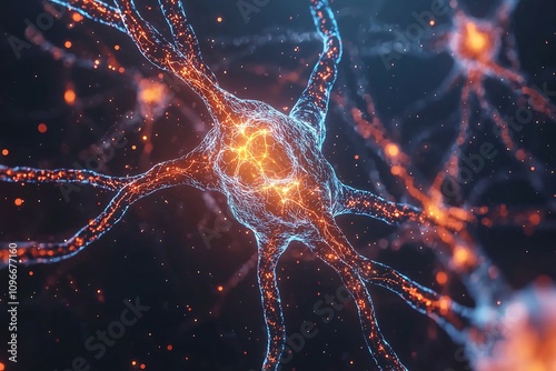 Glowing Microscopic View of Human Nerve Cells in an Abstract Neural Network photo