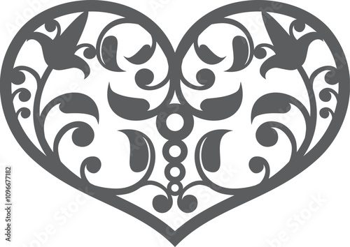 Floral ornament heart stencil. Decorative laser cutout