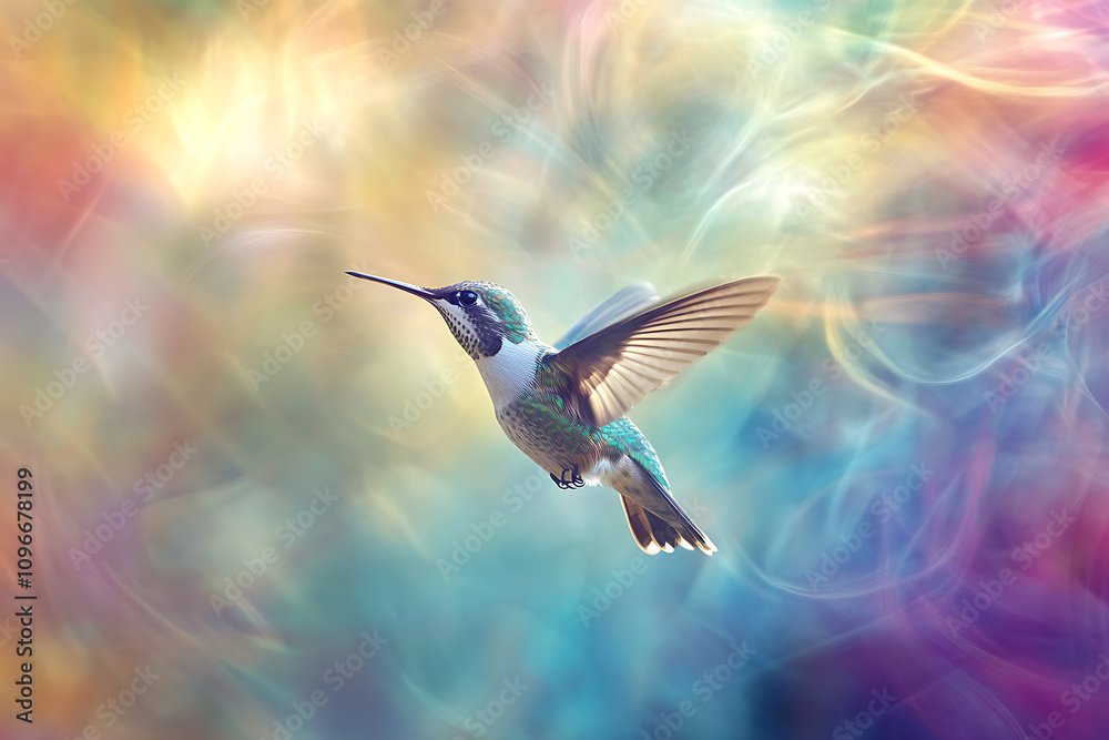 Naklejka premium Abstract digital background featuring the image of a vibrant hummingbird in motion, surrounded by soft gradients and dynamic light effects.