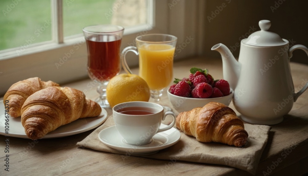 A peaceful Sunday morning breakfast spread with warm croissants, fresh fruit, and a steaming cup of tea