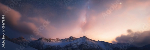 An awe-inspiring mountain range silhouetted against a starry evening sky, with a soft gradient of twilight colors, capturing the vastness and wonder of the cosmos.