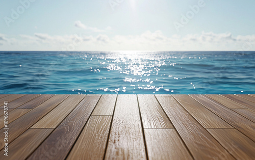 Wooden table overlooking sparkling ocean under bright sun, creating serene atmosphere. Perfect for relaxation and enjoying nature beauty