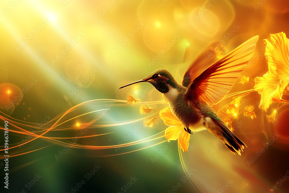 Naklejka premium Abstract digital background featuring the image of a vibrant hummingbird in motion, surrounded by soft gradients and dynamic light effects.