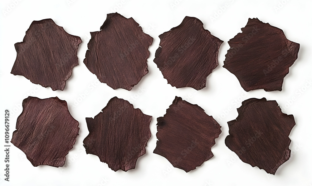 Obraz premium Abstract dark brown textured shapes, irregular organic forms arranged on a white background, ideal for design projects needing unique elements.