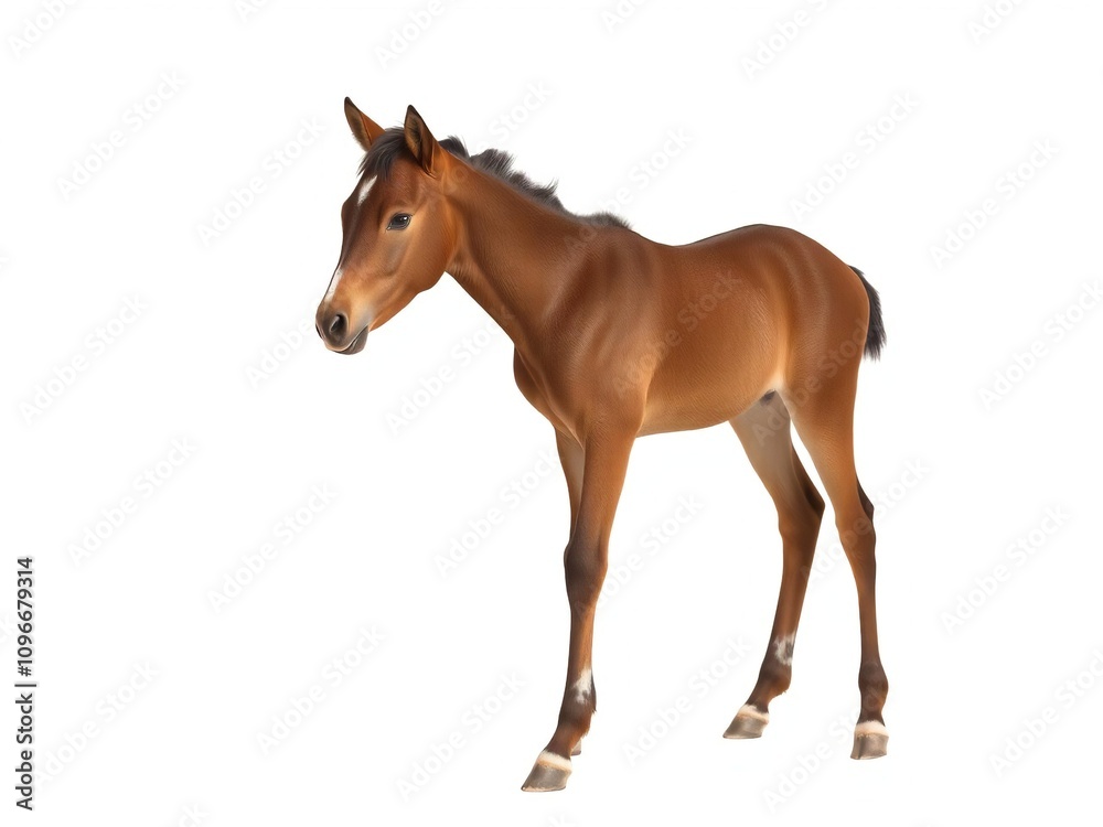 Fototapeta premium Brown Thoroughbred foal standing isolated on a white background, showcasing its elegant build and sleek coat, beauty, mammal, farm