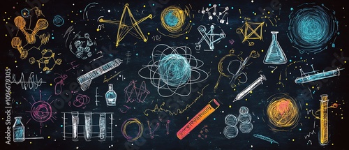 Chalkboard filled with handdrawn scientific and educational sketches, physics, chemistry, and biology concepts, dark blackboard, AI style